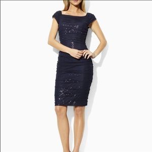 Ralph Lauren Navy Sequin Dress W/ Ruched Overlay